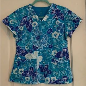 Blue floral and butterfly scrub top